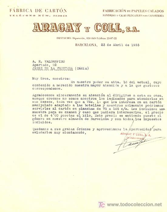 Cartas comerciales: BARCELONA. A&Ntilde;O 1955. CARTA COMERCIAL DE F&Aacute;BRICA DE CART&Oacute;N. FABRICACI&Oacute;N DE PAPELES CALADOS PARA CONF.