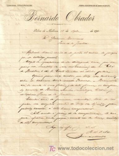 Cartas comerciais: PALMA DE MALLORCA. A&Ntilde;O 1911. CARTA COMERCIAL DE BERNARDO OBRADOR.