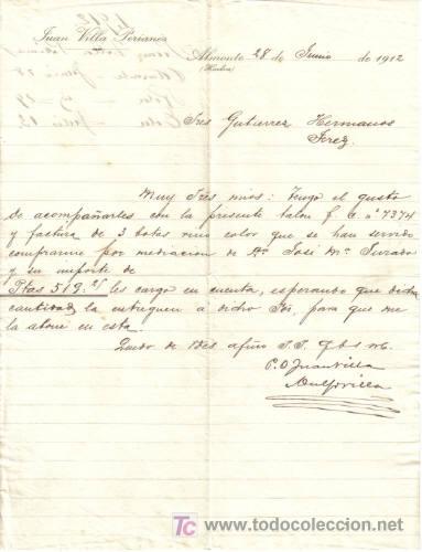 Lettres commerciales: ALMONTE ( HUELVA). A&Ntilde;O 1912. CARTA COMERCIAL DE JUAN VILLA PERIANES.
