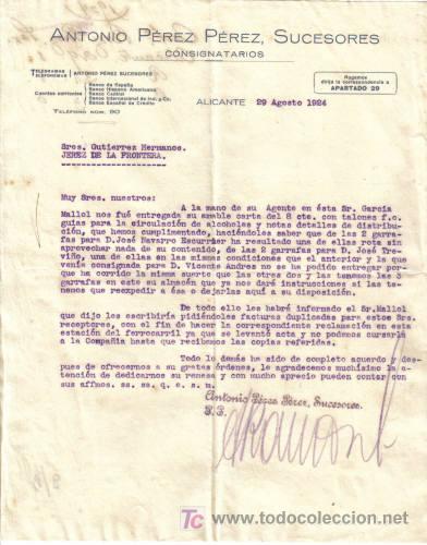Lettres commerciales: ALICANTE. A&Ntilde;O 1924. CARTA COMERCIAL DE MANUEL P&Eacute;REZ P&Eacute;REZ. SUCESORES. CONSIGNATARIOS.