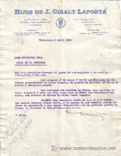 Cartas comerciales: BARCELONA. A&Ntilde;O 1929. CARTA COMERCIAL DE F&Aacute;BRICA DE VIDRIO. HIJOS DE J. GIRALT LAPORTA.