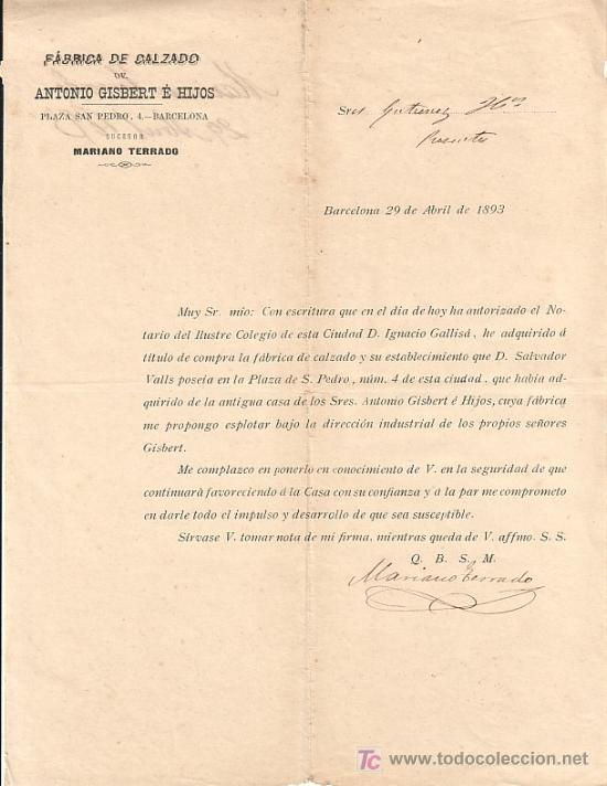 Cartas comerciales: BARCELONA-CARTA COMERCIAL DE FABRICA DE CALZADO DE ANTONIO GISBERT E HIJOS.-