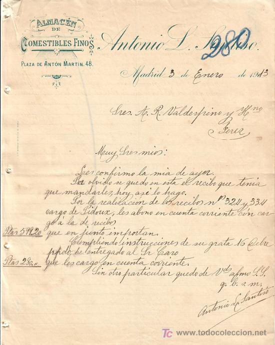 Cartas comerciales: MADRID-CARTA COMERCIAL DE ALMACEN DE COMESTIBLES FINOS DE ANTONIO L. MADRID, 3 DE ENERO DE 1913.