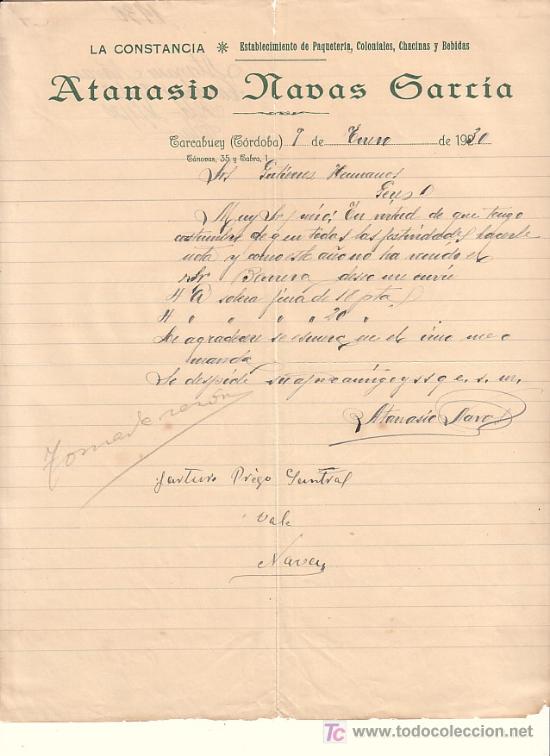 Lettere commerciali: CARCABUEY(CORDOBA)-CARTA COMERCIAL DE ESTABLECIMIENTO DE PAQUETERIA, COLONIALES, CHACINAS Y BEBIDAS