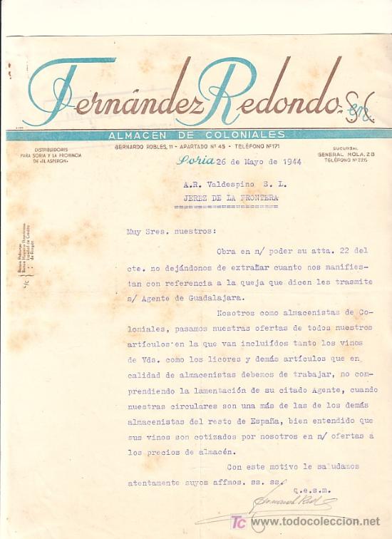 Cartas comerciais: SORIA-CARTA COMERCIAL DE ALMACEN DE COLONIALES DE FERNANDEZ REDONDO S.C. SORIA, 26 DE MAYO DE 1944.