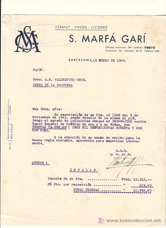 Cartas comerciales: BARCELONA-CARTA COMERCIAL DE VERMUT VINOS LICORES DE S. MARF&Aacute; GAR&Iacute;. BARCELONA, 19 DE ENERO DE 1944.