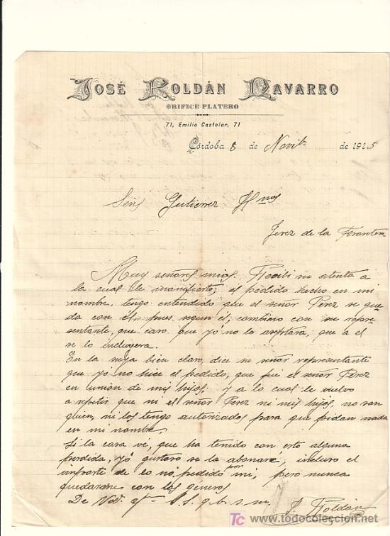 Gesch&auml;ftsbriefe: CORDOBA-CARTA COMERCIAL DE JOSE ROLDAN NAVARRO. CORDOBA, 8 DE NOVIEMBRE DE 1915.