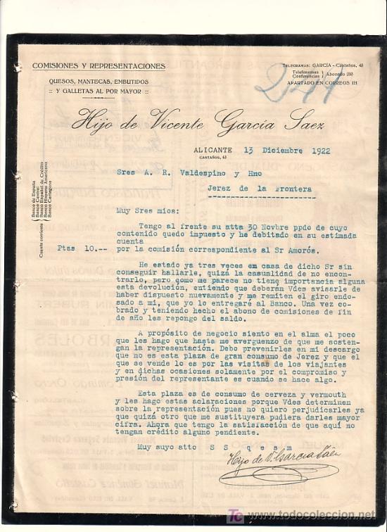 Gesch&auml;ftsbriefe: ALICANTE-CARTA COMERCIAL DE QUESOS MANTECAS EMBUTIDOS Y GALLETAS AL POR MAYOR DE HIJO DE VICENTE SAE