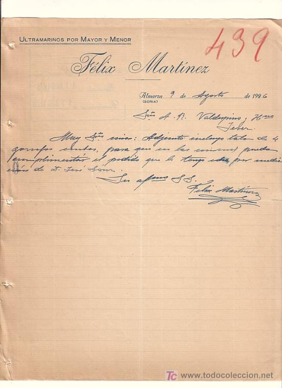 Cartas comerciais: ALMARZA(SORIA)-CARTA COMERCIAL DE ULTRAMARINOS DE FELIX MARTINEZ. ALMARZA, 9 DE AGOSTO DE 1926.