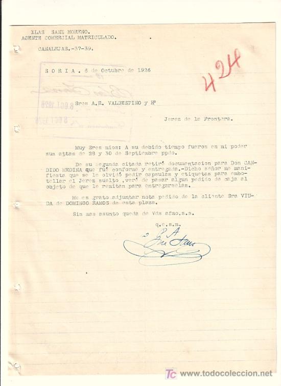 Cartas comerciais: SORIA-CARTA COMERCIAL DE AGENTE COMERCIAL BLAS SANZ MORENO. SORIA, 6 DE OCTUBRE DE 1925.