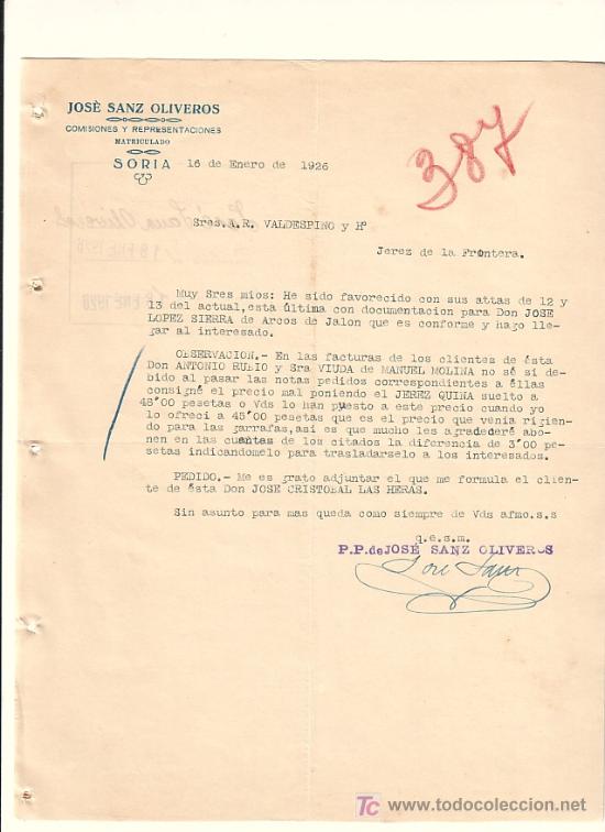 Cartas comerciais: SORIA-CARTA COMERCIAL DE COMISIONES Y REPRESENTACIONES DE JOSE SANZ OLIVEROS.