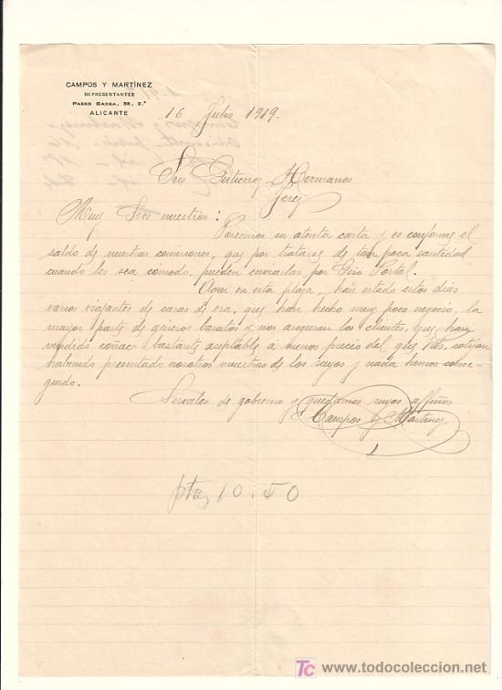 Lettres commerciales: ALICANTE-CARTA COMERCIAL DE REPRESENTANTES CAMPOS Y MARTINEZ. ALICANTE, 16 DE JULIO DE 1919.