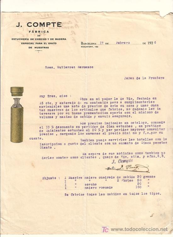 Cartas comerciales: BARCELONA-CARTA COMERCIAL DE FABRICA DE ESTUCHERIA DE CORCHO Y DE MADERA DE J.COMPTE.
