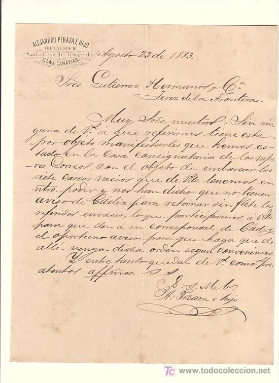 Cartas comerciais: SANTA CRUZ DE TENERIFE-CARTA COMERCIAL DE ALEJANDRO PERAZA E HIJOS. TENERIFE, 23 DE AGOSTO DE 1883.
