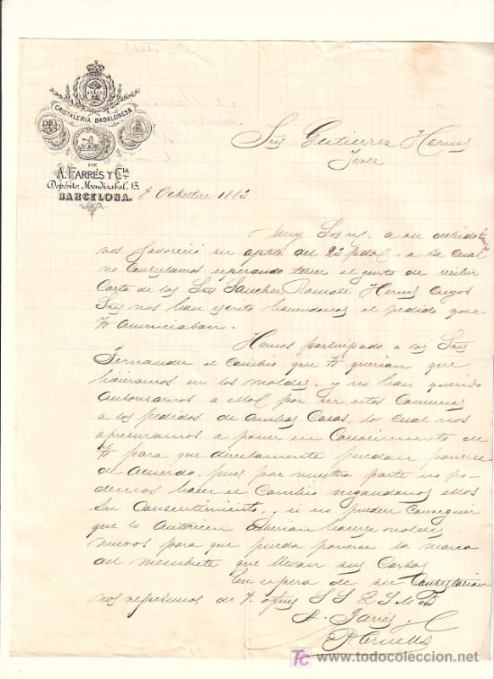Cartas comerciales: BARCELONA-CARTA COMERCIAL DE CRISTALERIA BADALONESA DE A. FARRES Y C&ordf;.BARCELONA, 8 OCTUBRE DE 1883.