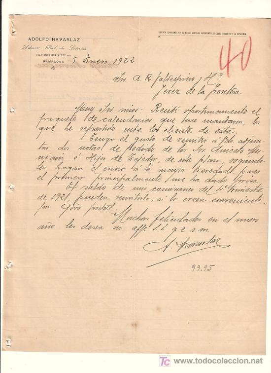 Gesch&auml;ftsbriefe: PAMPLONA-CARTA COMERCIAL DE LOTERIAS DE ADOLFO NAVARLAZ.PAMPLONA, 5 DE ENERO DE 1922.