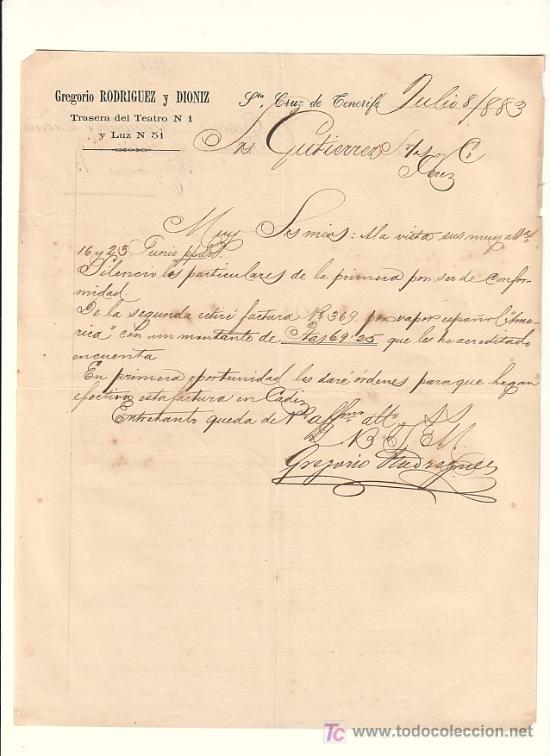 Cartas comerciais: SANTA CRUZ DE TENERIFE-CARTA COMERCIAL DE GREGORIO RODRIGUEZ Y DIONNIZ. SANTA CRUZ, 8 DE JULIO DE 18