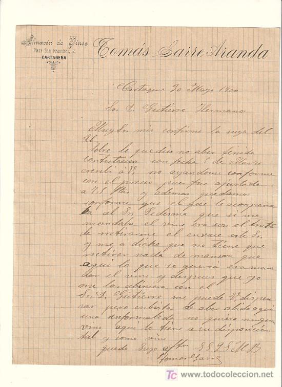 Cartas comerciales: CARTAGENA-CARTA COMERCIAL DE ALMACEN DE VINOS DE TOMAS GARRE ARANDA.