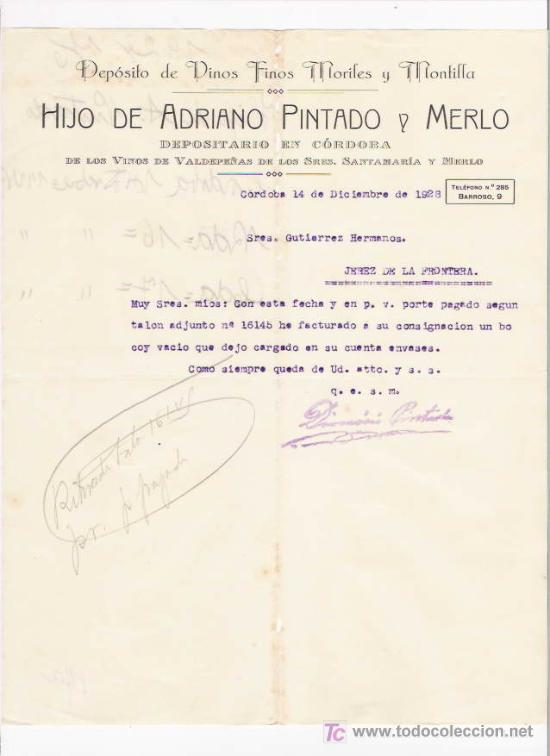 Gesch&auml;ftsbriefe: CORDOBA-CARTA COMERCIAL DE DEPOSITOS DE VINOS FINOS MORILES Y MNTILLA.