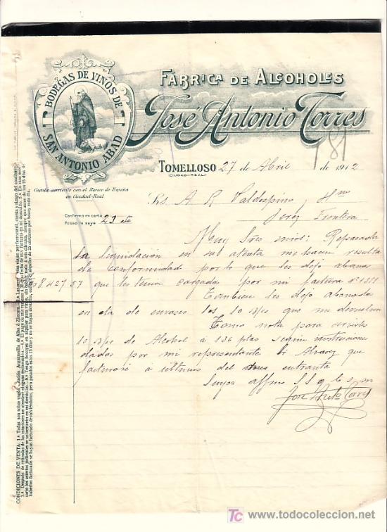 Commercial Letters: TOMELLOSO-CARTA COMERCIAL DE FABRICA DE ALCOHOLES BODEGAS DE VINOS DE JOSE ANTONIO TORRES.