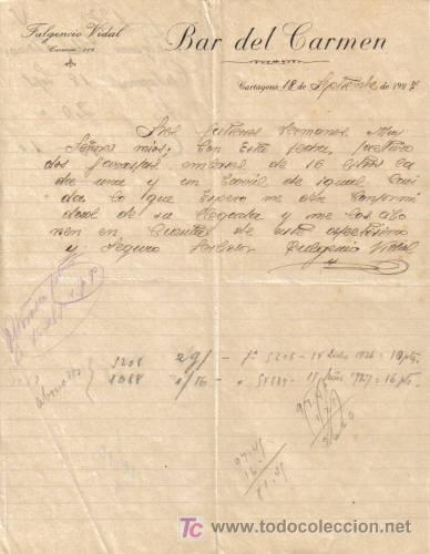 Cartas comerciales: CARTAGENA. 1927. CARTA COMERCIAL DE BAR DEL CARMEN DE FULGENCIO VIDAL.