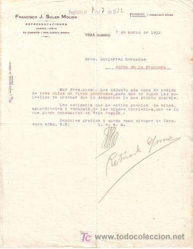 Gesch&auml;ftsbriefe: VERA ( ALMERIA). 1932. CARTA COMERCIAL DE FRANCISCO J. SOLER MOLINA.