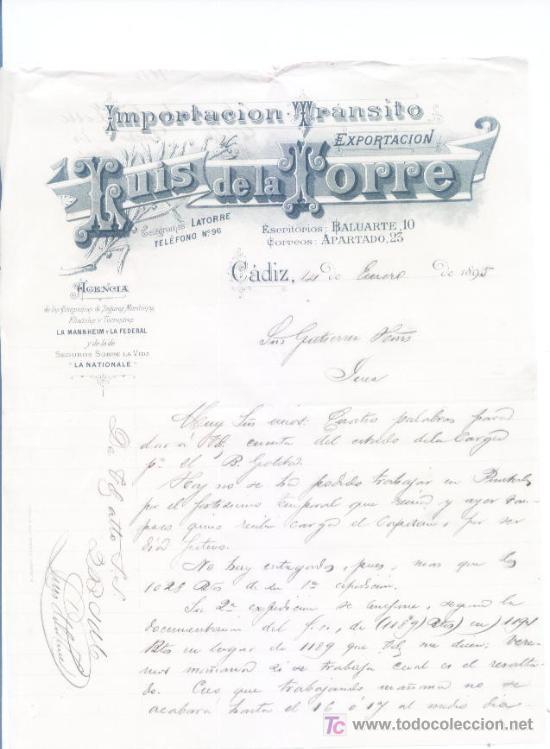 Cartas comerciales: Cadiz 1895.importacion y transito Luis de la Torre - Foto 1