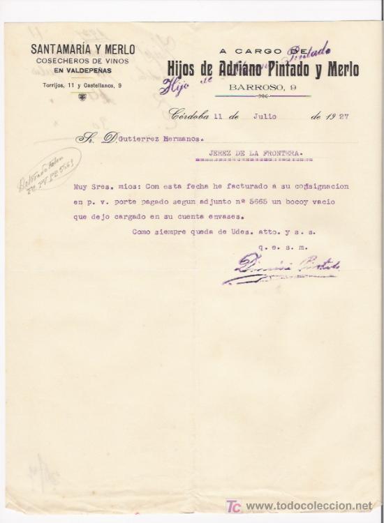 Gesch&auml;ftsbriefe: CORDOBA-CARTA COMERCIAL DE COSECHEROS DE VINOS EN VALDEPE&Ntilde;AS HIJOS DE ADRIANO PINTADO Y MERLO.