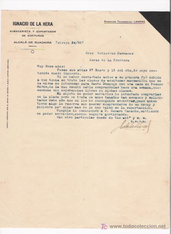 Cartas comerciales: ALCALA DE GUADAIRA(SEVILLA)-CARTA COMERCIAL DE ALMACENISTA Y EXPORTADOR DE ACEITUNAS DE IGNACIO HERA