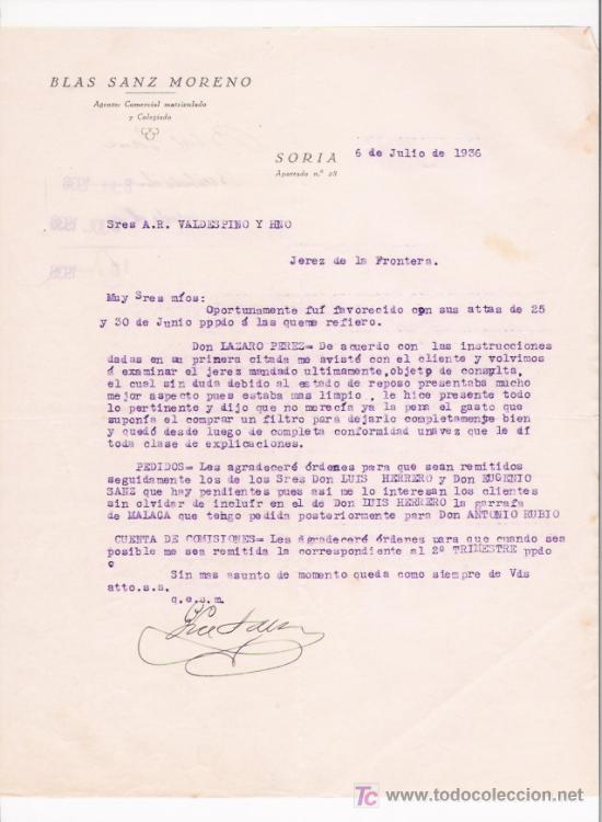 Cartas comerciales: SORIA-CARTA COMERCIAL DE AGENTE COMERCIAL BLAS SANZ MORENO. SORIA, 6 DE JULIO DE 1936.