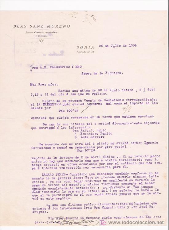 Cartas comerciales: SORIA-CARTA COMERCIAL DE AGENTE COMERCIAL BLAS SANZ MORENO. SORIA, 20 DE JULIO DE 1936.