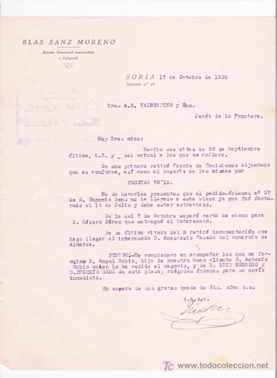 Cartas comerciales: SORIA-CARTA COMERCIAL DE AGENTE COMERCIAL BLAS SANZ MORENO. SORIA, 17 DE OCTUBRE DE 1936.