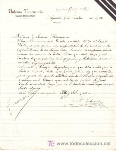 Lettres commerciales: AGUILAS ( MURCIA). 1932. CARTA COMERCIAL DE ANTONIO VALENZUELA.