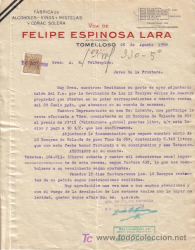 Commercial Letters: TOMELLOSO (C.REAL). 1958. CARTA COMERCIAL DE FABRICA DE ALCOHOLES, VINOS Y MISTELAS.