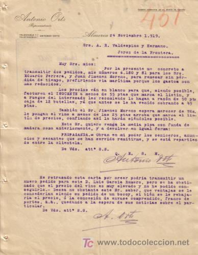 Gesch&auml;ftsbriefe: ALMERIA. 1919. CARTA COMERCIAL DE ANTONIO ORTS. REPRESENTANTE.