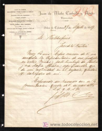 Gesch&auml;ftsbriefe: SILOS DE LA CALA&Ntilde;AS ( HUELVA). 1919. CARTA COMERCIAL DE VENTA DE ARMAS. J. DE MALA CARBALLO Y ACU&Ntilde;A.