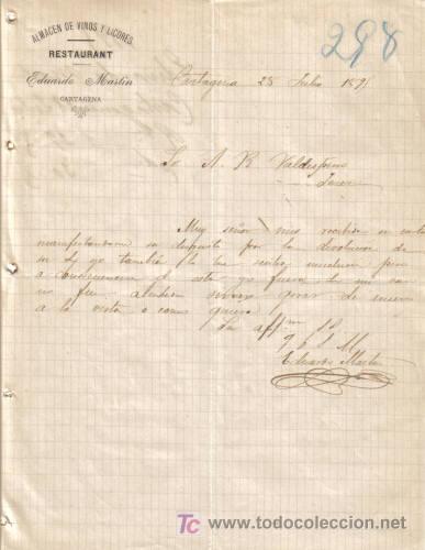 Commercial Letters: CARTAGENA. 1895. CARTA COMERCIAL DE RESTAURAN, ALMACEN DE VINOS Y LICORES. EDUARDO MARTIN.