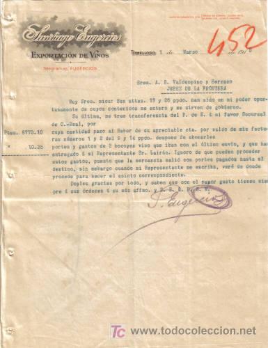 Commercial Letters: TOMELLOSO. 1913.  CARTA COMERCIAL  DE EXPORTACION DE VINOS. SANTIAGO EUGERCIOS.