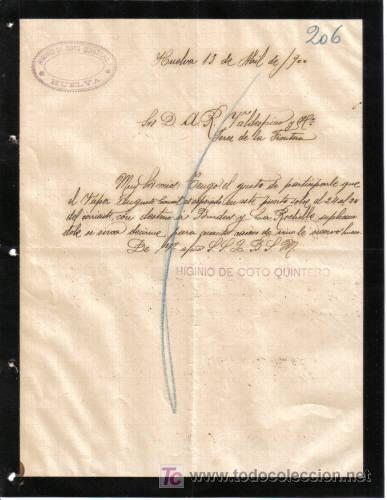 Cartas comerciales: HUELVA. 1900.  CARTA COMERCIAL DE HIGINIO DE COTO QUINTERO.