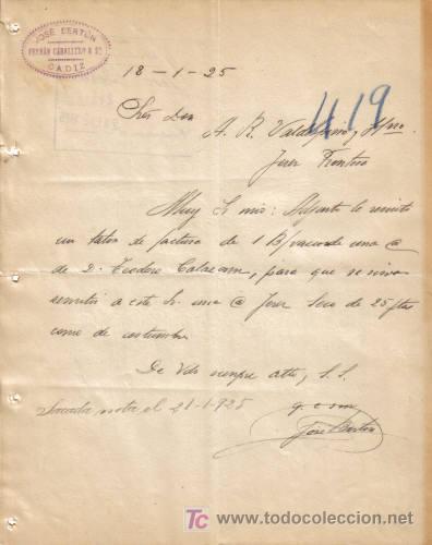 Cartas comerciales: CADIZ. 1925. CARTA COMERCIAL DE JOSE BERTON - Foto 1
