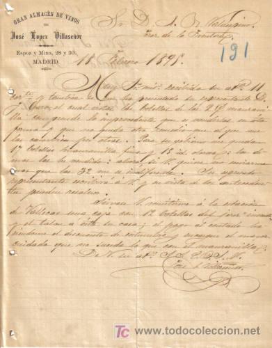 Lettere commerciali: MADRID. 1895. CARTA COMERCIAL DE GRAN ALMACEN DE VINOS. JOSE LOPEZ VILLASE&Ntilde;OR.