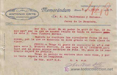 Gesch&auml;ftsbriefe: ALMERIA. 1919. CARTA COMERCIAL DE MEMORANDUM. ANTONIO ORTS.