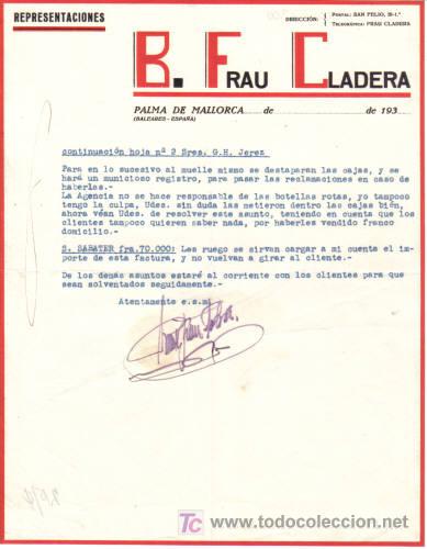 Lettere commerciali: PALMA DE MALLORCA. 1932. CARTA COMERCIAL DE REPRESENTACIONES. B. FRAU CLADERA.