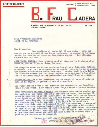 Lettere commerciali: PALMA DE MALLORCA. 1932. CARTA COMERCIAL DE REPRESENTACIONES. B. FRAU CLADERA.