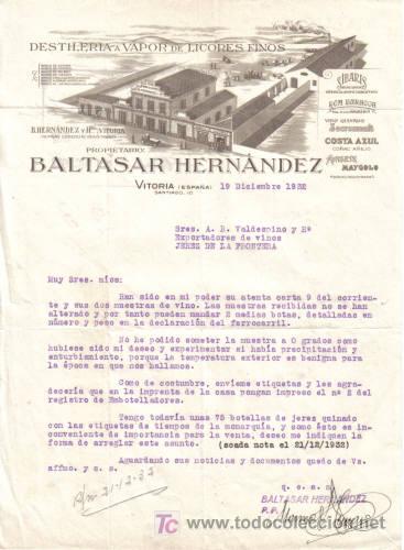 Lettere commerciali: VITORIA. 1932. CARTA COMERCIAL DE DESTILERIA A VAPOR DE LICORES FINOS. BALTASAR HERNANDEZ.