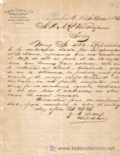 Cartas comerciales: BARCELONA. 1893. CARTA COMERCIAL DE ISIDRO CASSOL Y C&ordm;.