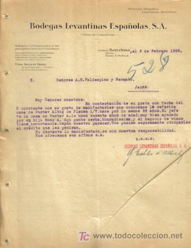 Cartas comerciales: BARCELONA. 1925. CARTA COMERCIAL DE BODEGAS LEVANTINAS ESPA&Ntilde;OLAS, S. A.