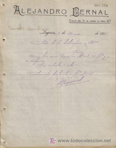 Cartas comerciales: LOGRO&Ntilde;O. 1923. CARTA COMERCIAL DE ALEJANDRO BERNAL. - Foto 1