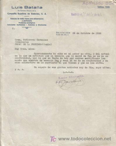 Cartas comerciales: BARCELONA. 1932. CARTA COMERCIAL DE COMPA&Ntilde;IA ESPA&Ntilde;OLA DE ESENCIAS, S. A. LUIS BATALLA.