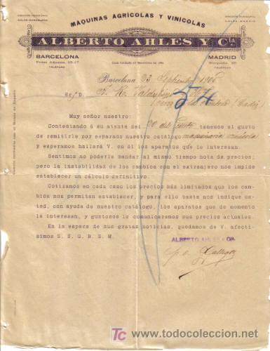 Cartas comerciales: BARCELONA. 1905. CARTA COMERCIAL DE MAQUINAS AGRICOLAS Y VINICOLAS. ALBERO AHLES Y C&ordf;.